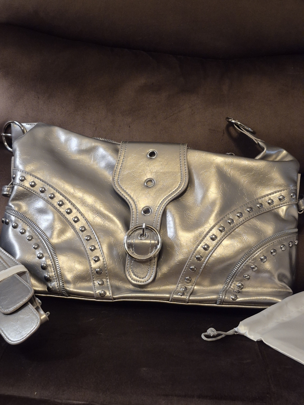 Metallic Silver Stud-Accent Hobo Shoulder Bag